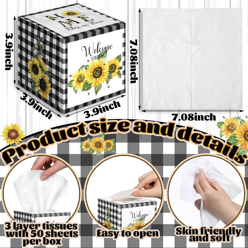 Fourluoo 12 Pack Summer Sunflower Facial Tissues Cube Boxes 600 Sheets 3 Ply Small Black and White Plaid Sunflower Face Tissues Bulk for Summer Car Bedroom Supplies - Image 3
